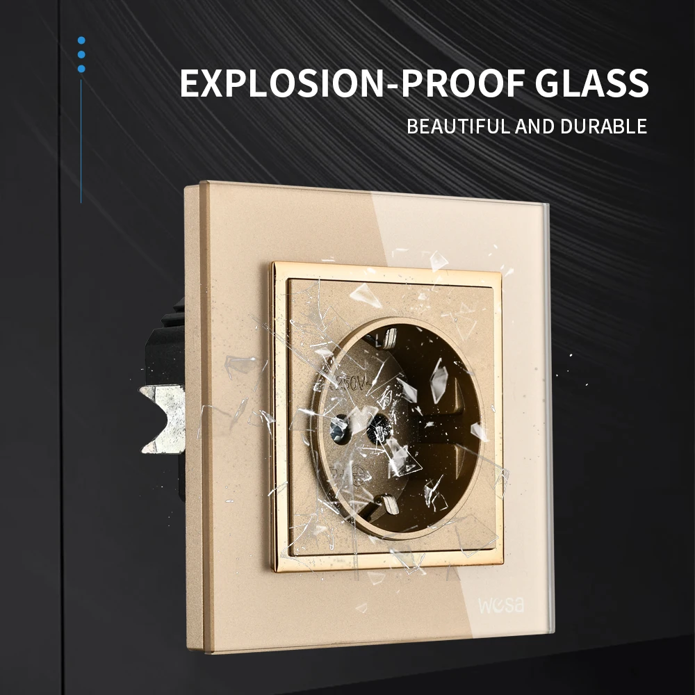 WESA Crystal Tempered Glass Panel Golden Socket Wall Embed Plug Power Socket EU Electrical Outlett With Ground Flame Retardant