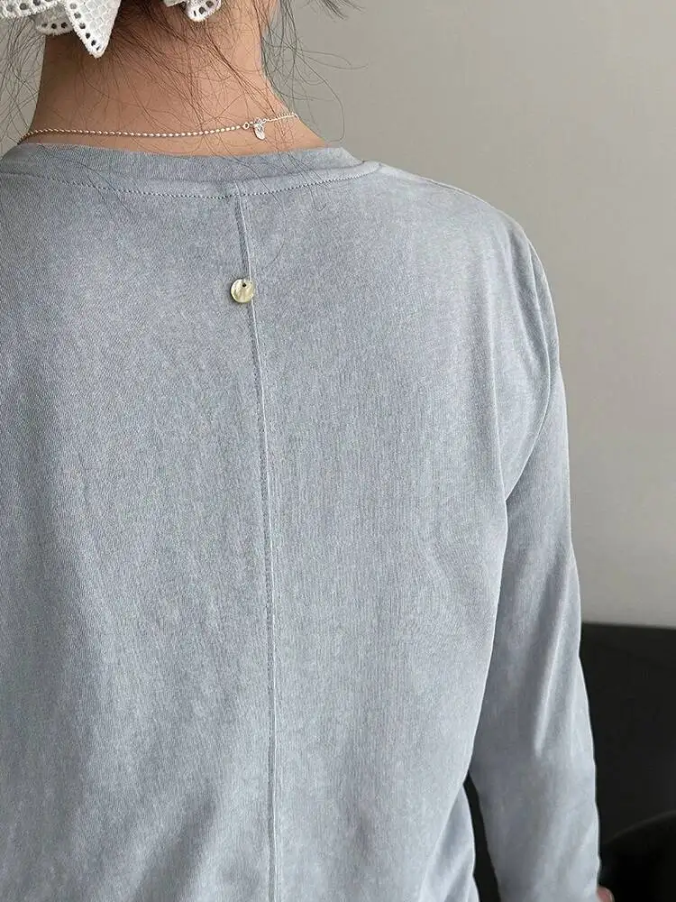 Women Blue Brief Plain Color Casual Elegant T-shirt New Round Neck Long Sleeve Fashion Tide Spring Autumn