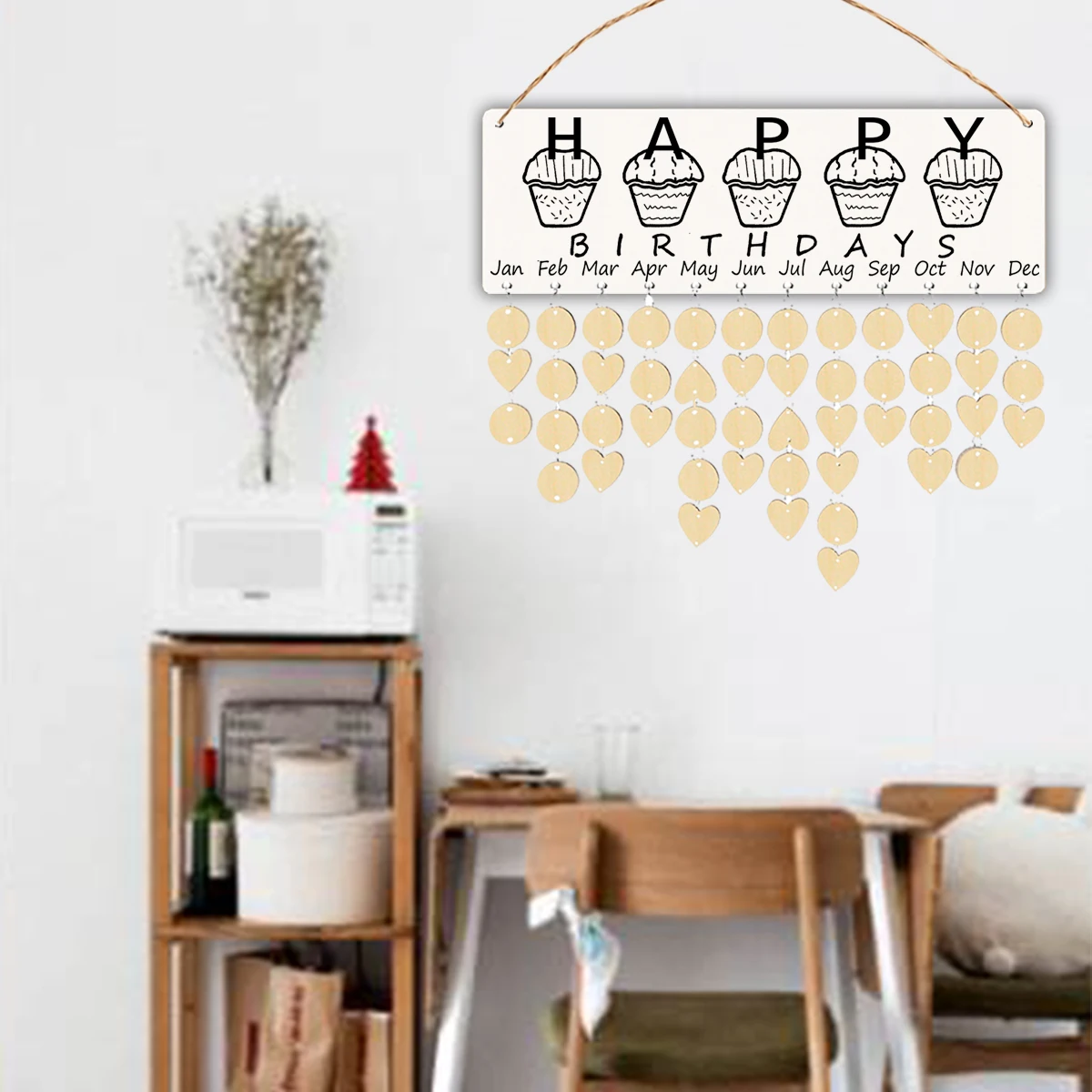 

1pcs Wooden Hanging Calendar Diy Date Display Hemp Rope Wood Chips Iron Rings Home Office Decor Birthday Reminder Board