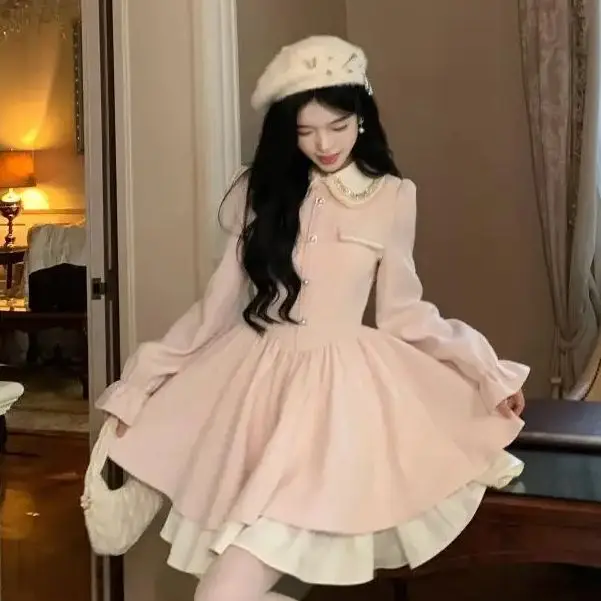 Korea Sweet Fake Two-Piece Doll Collar Pearl Button Duffle Layered Splicing Dress Women Small Fragrant Style Princess Dress