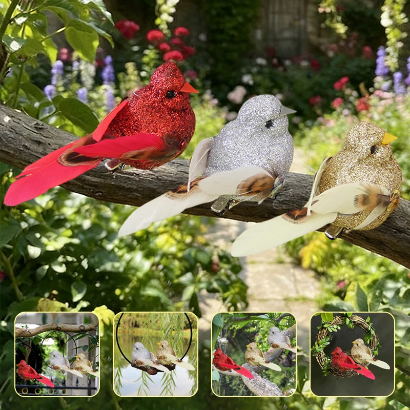 2026 Simulated Bird with Gold Dust Feathers & Artificial Greenery Set, Artistic Garden Decoration for Indoor and Outdoor Decor