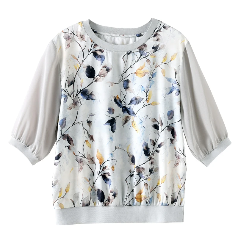 Satin Simulation Silk T-shirt for Women 2025 Printed Loose and Fashionable Western-style Five Quarter Short Sleeved T-shirt Tops