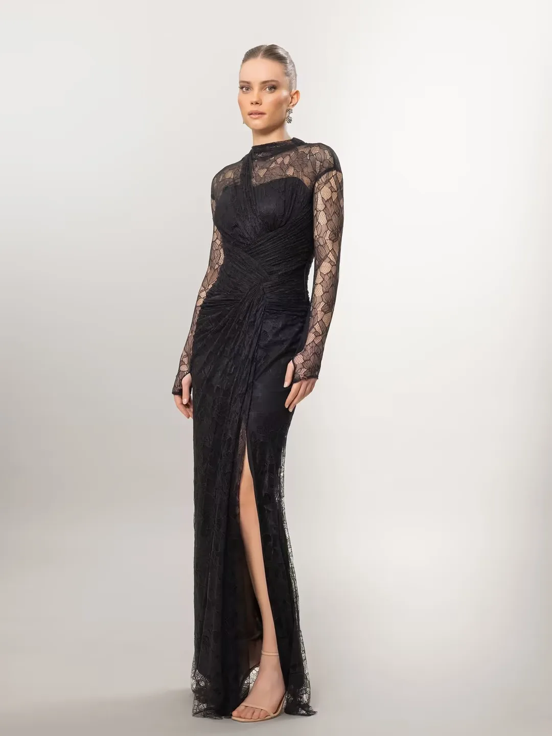Verngo Brown Lace Evening Dress High Neck Full Sleeves Mermaid Prom Gowns Pleated Arabia Formal Occasio Dress Customized image 2