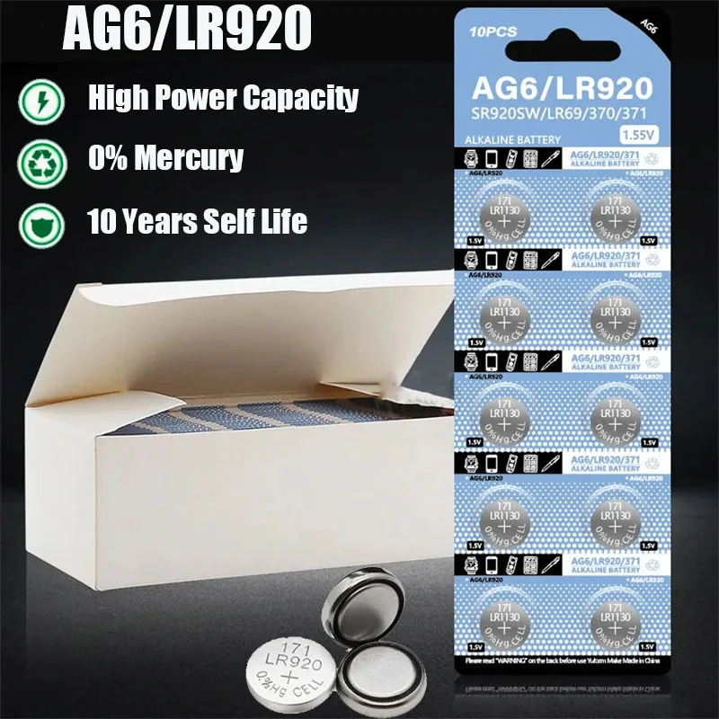 1.55V Coin Battery AG6 371 SR920SW LR920 SR927 171 370 L921 LR69 SR920 Button Batteries for Watch Toys Remote Button Cell