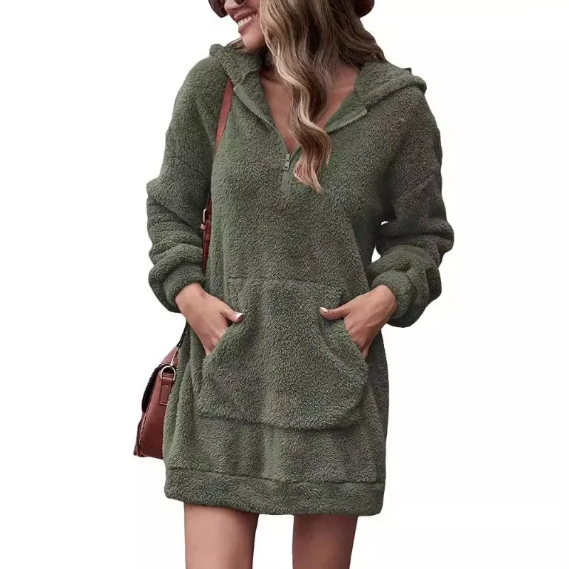 2024 new autumn and winter women's clothing, double-sided plush hooded loose zipper plush pocket sweater jacket