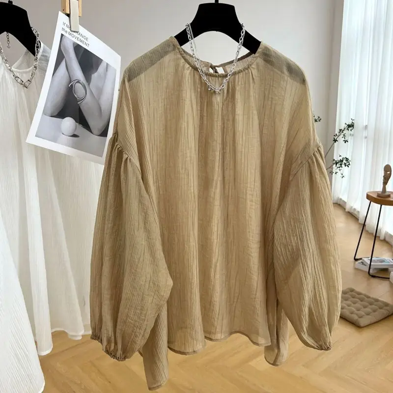 Summer Sunscreen Pullovers Women Casual Long Sleeve Loose Sunscreen Sunscreen Clothes Pleated Crewneck Pullover Thin Cool Tops