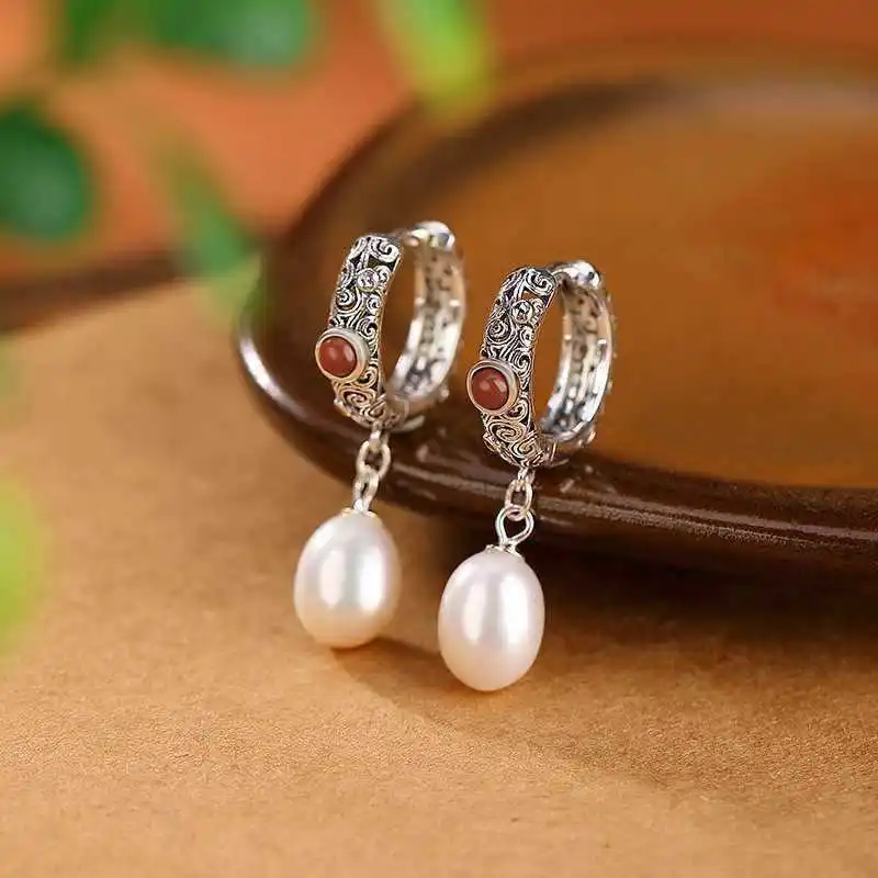 

Southern Red Tourmaline Pearl earrings for women Retro Ethnic Style Auspicious Clouds Ruyi Hollow out Earring silver 925 Jewelry
