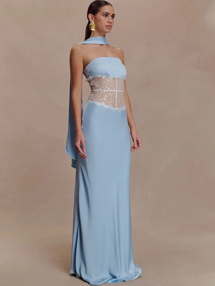 فستان JULISSA MO مثير بدون حمالات من الدانتيل الشفاف للنساء بدون ظهر وياقة وشاح فستان شتوي نحيف أنيق للحفلات المسائية