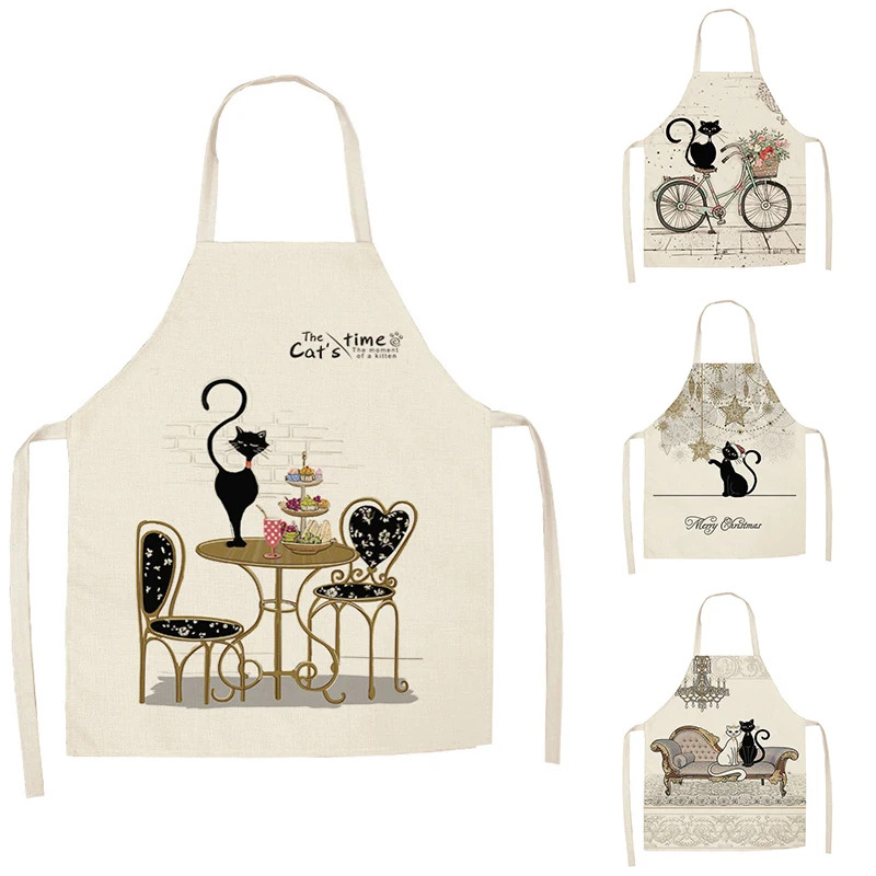 1 Pack Cute Cat Pattern Kitchen Cooking Baking BBQ Aprons for Men and Women Linen Bibs Home Cleaning Accessories