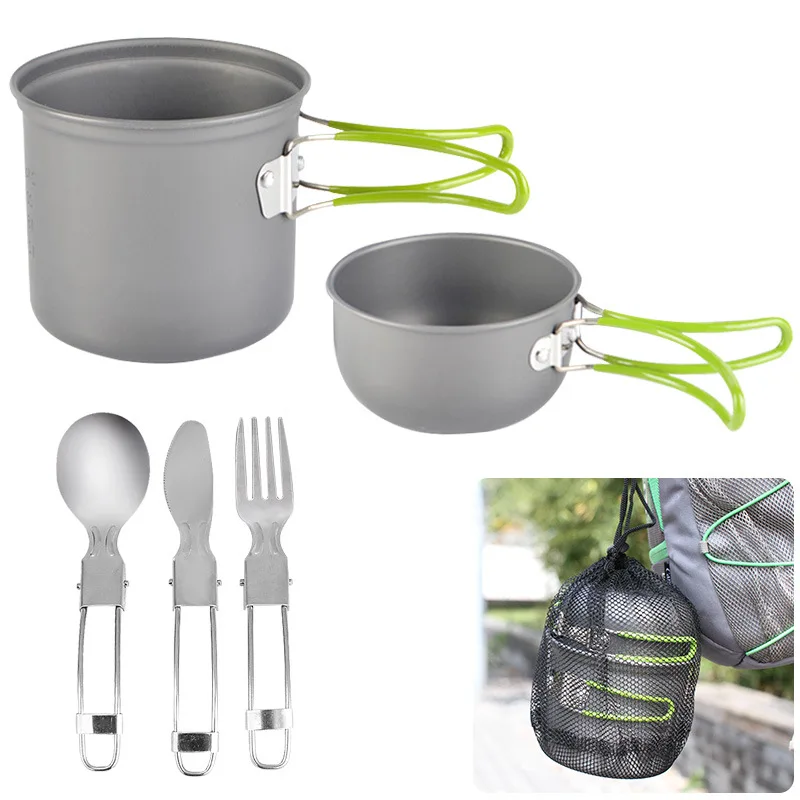 Outdoor Camping Aluminum Alloy Cookware Set Portable 5-Piece Cooker Compatible for 1-2 People Saute Pans Tableware