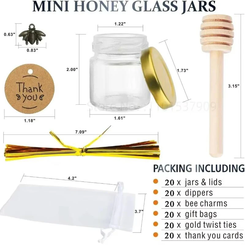 10/20PCS 1.5oz Mini Glass Honey Jars with Wood Dipper Small Glass Favor Jars with Lids,Bee Pendant,Gift Bag,Gold Twist Tie,Tag