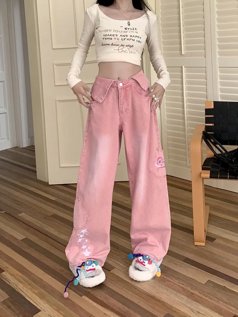 

Pink star embroidery cuffed high-waist fashion straight jeans for women loose y2k wide-leg American retro washed long pants ins