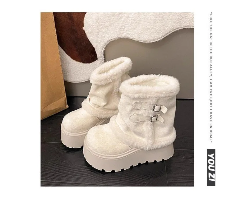 Winter Damen Plateau-Stiefeletten mit Flauschiger Fellbesatz, Doppelschnalle, Robuster Rutschfester Sohle, Warme Kurze Schneestiefel in Weiß – Detail 4