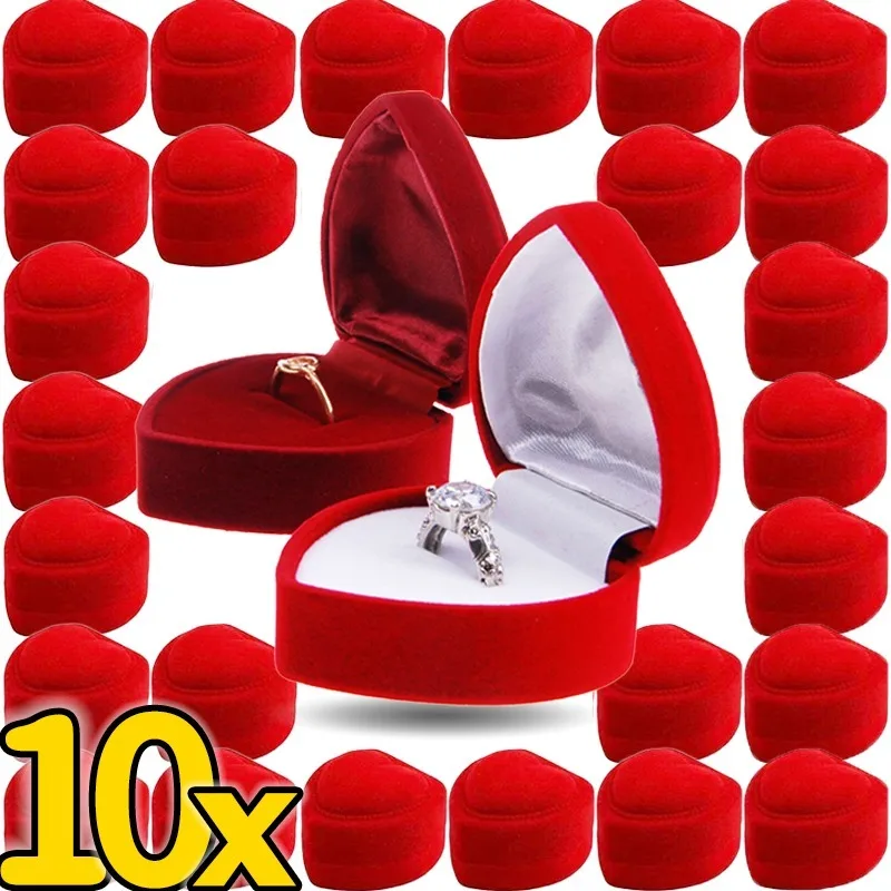 1/10Pcs Flocking Red Heart Shape Ring Boxes Wedding Earrings Rings Display Holder Valentine Day Gift Romantic Jewelry Organizer