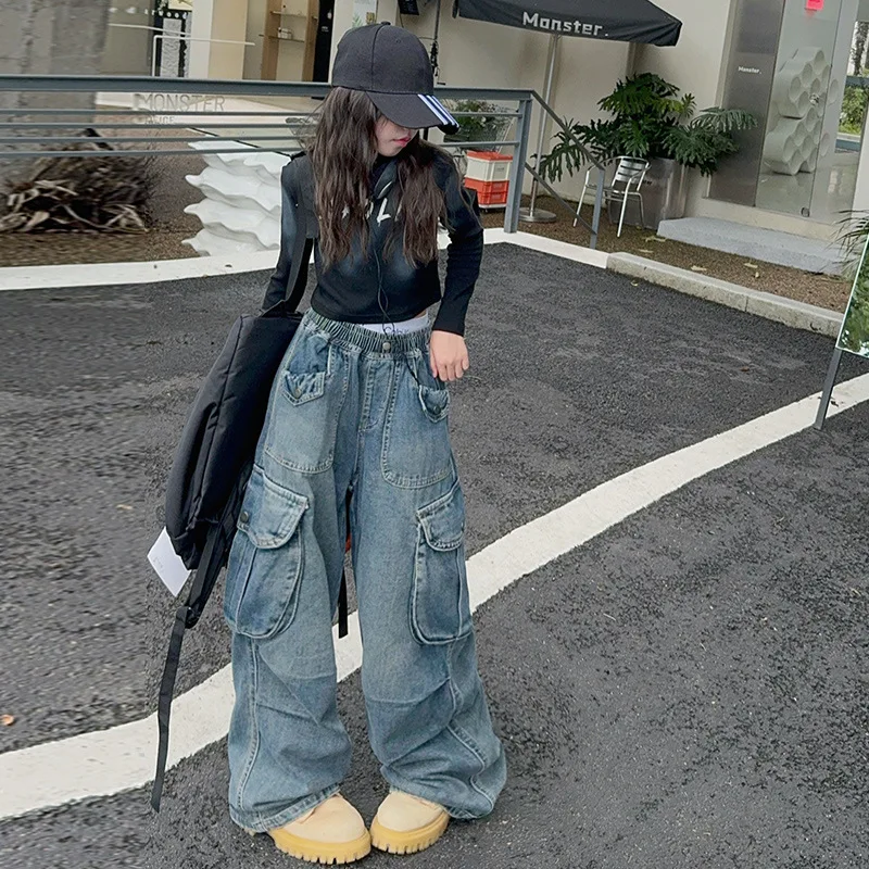 Teens Child Baggy Cargo Jeans Trousers Kids Vintage Distressed Jeans with Pocket For Girls Fashion High Street Denim Pants