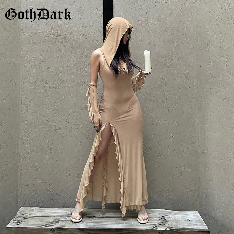 

Goth Dark Fashion Gothic Mesh Patchwork Mid Dress Sexy See Through Hem Split Ruffles Hooded Dresses Y2K Grunge Vestido Alt Cloth