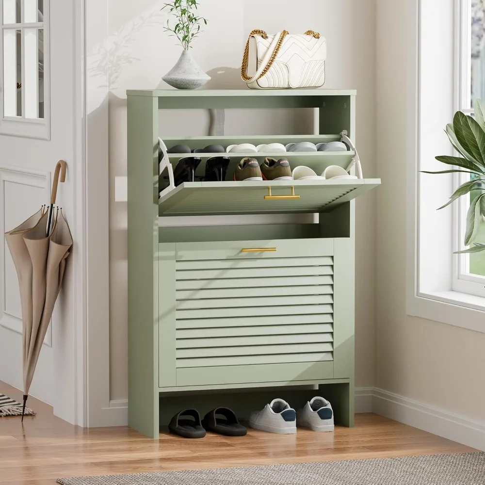 

Shoe Cabinet Storage, Hidden Shoe Organizer, Modern Freestanding Organizer with 2 Flip Drawers Louvered Shoe Cabinet