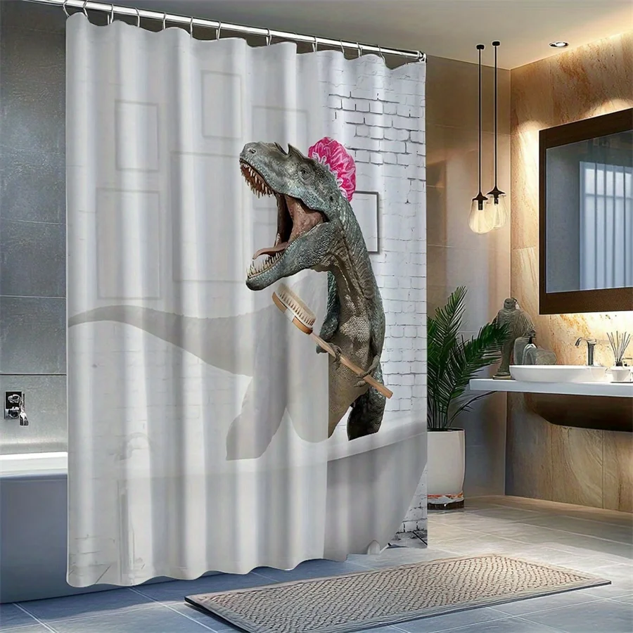 1pc Whimsical T-Rex Shower Curtain with Pink Toothbrush & Cap - Playful Green Dinosaur in Modern Bathroom with White Brick Walls