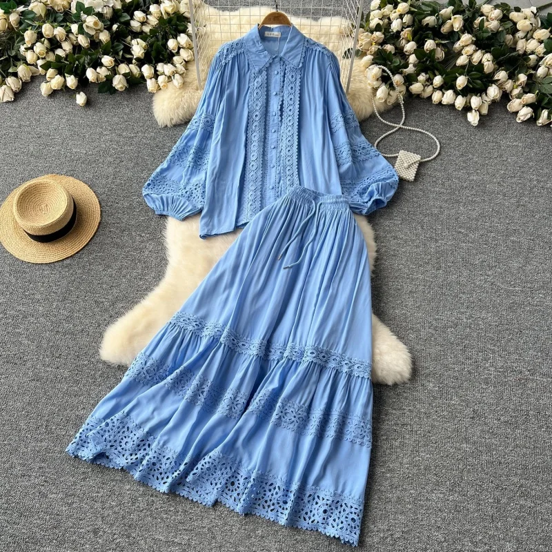 

Luxury Hollow Out 2 Piece Sets Women Outfit Autumn Clothes Women Embroidered Shirt Top Long Skirt Sets CHIC Two Piece Dress Sets