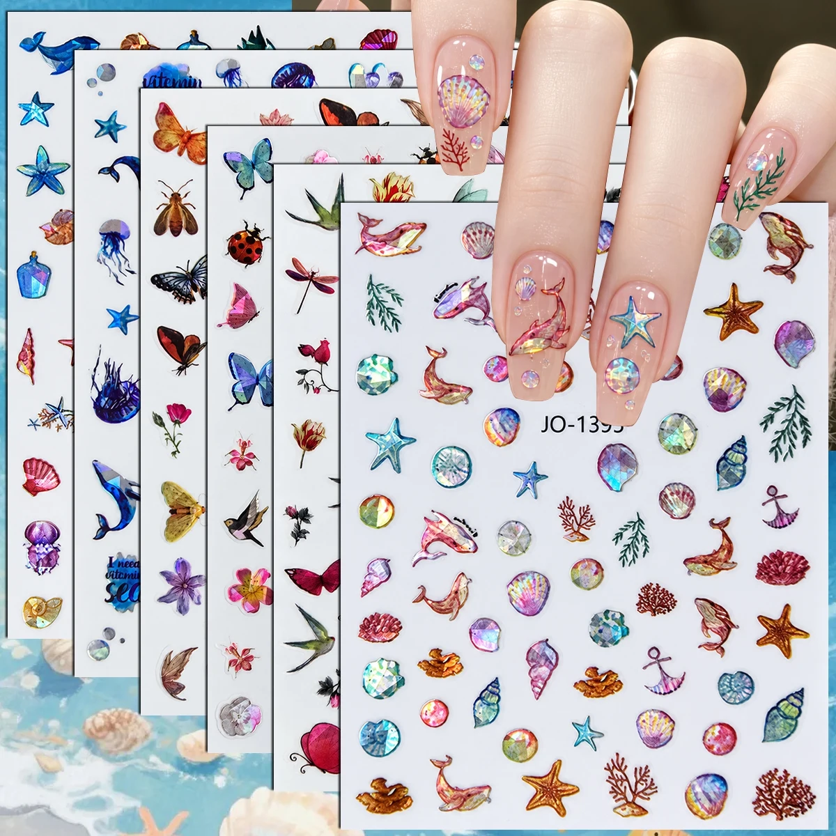 3 to 12 Sheets 3D Ocean Mermaid Seashell Starfish Butterfly Floral Self Adhesive Nail Art Stickers