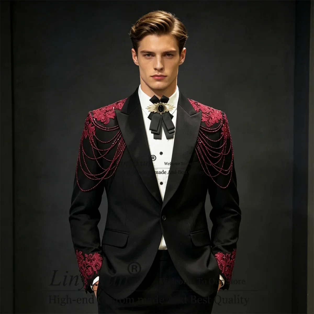 Fashion Appliques Diamond Men Suits Slim Peaked Lapel Groom Male Prom Blazers 2 Pieces Sets Wedding Party Tuxedos Costume Homme