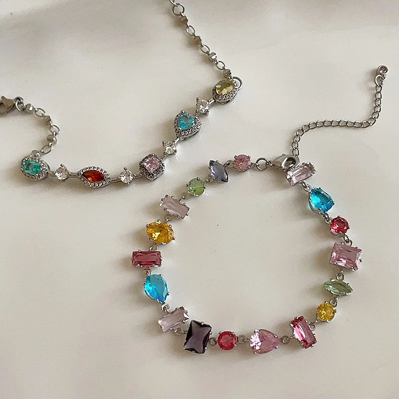 

Minar French Multicolor Heart Oval Square Geometric CZ Cubic Zirconia Crystal Charm Bracelets for Women Silver Plated Chain