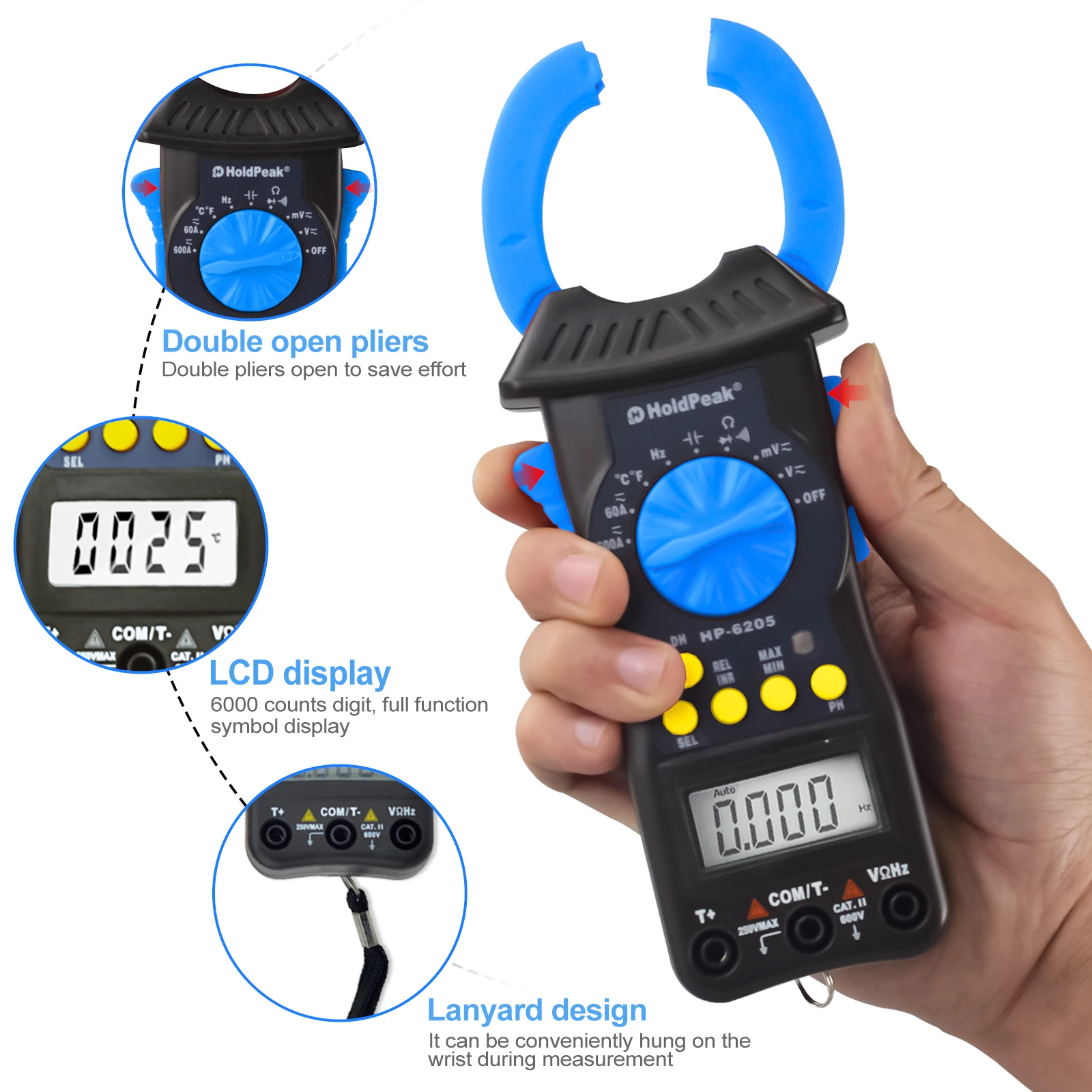 

Auto Range, Auto Power Off, 6000 Counts Double Open Jaw DC/AC True-RMS Clamp Multimeter - LCD Backlight, 38mm Clamp Opening