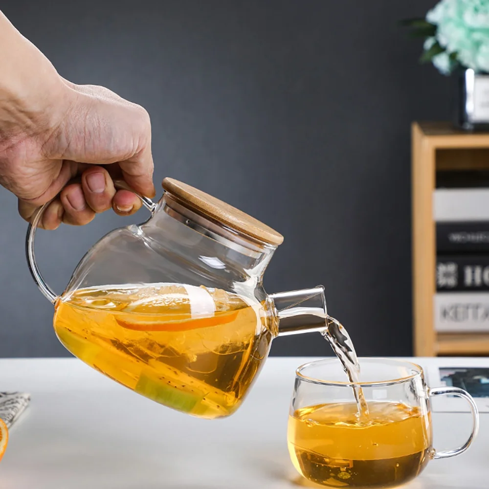 1pc Glass Teapot 1/1.8L Bamboo Lid Glass Tea Kettle with Removable Filter Spout for Loose Leaf、Fruit Tea and Fragrant Tea