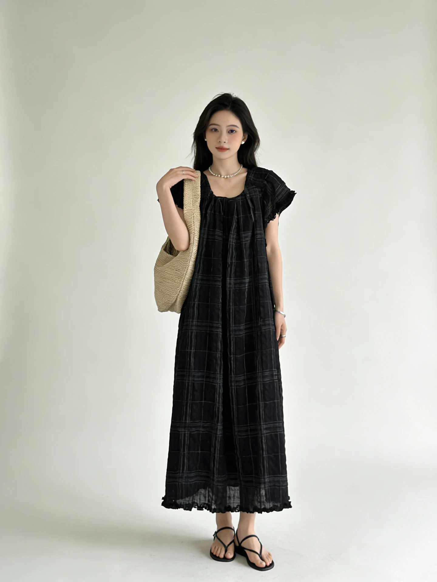 

Textured Wood Grain Black Plaid Square Collar Fly Sleeve Dress Beach Vacation City Commute Casual Wear A-Line Skirt