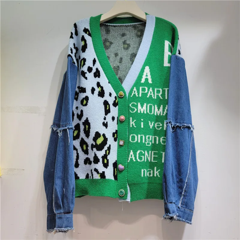 Denim Spliced Leopard Print Knitted Sweater Jacket Women Autumn Winter Loose Cardigan Sweaters Female V-Neck Letter Knit Coat