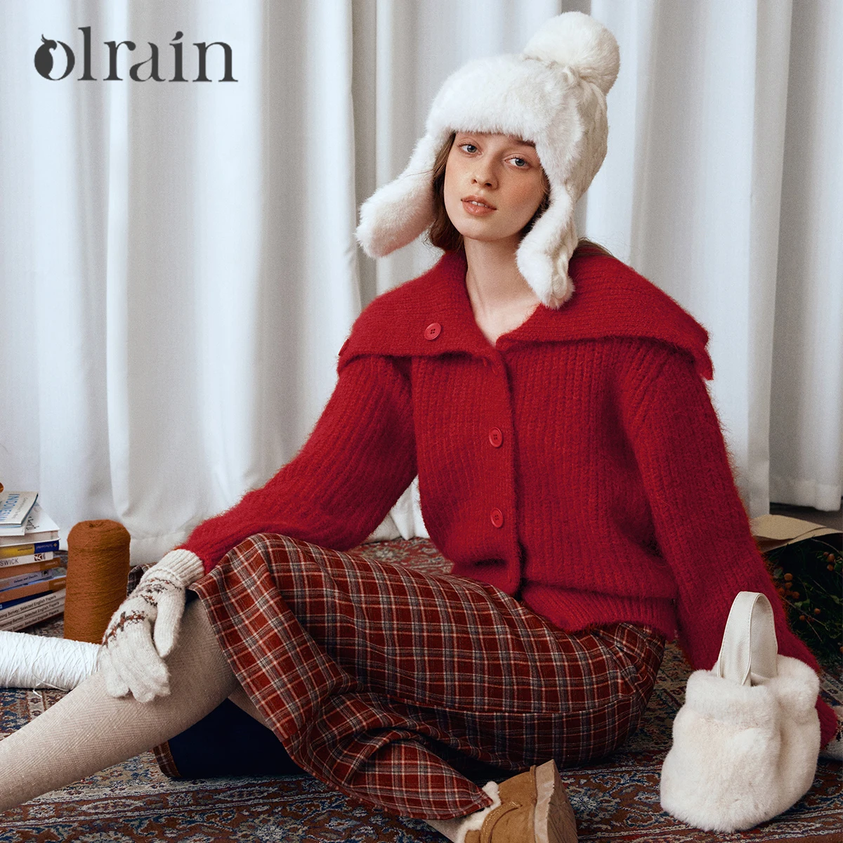 

Женский зимний свитер OLrain из шерстяной смеси, красный, модный повседневный кардиган оверсайз с отложным воротником, жаккардовым узором пике, текстурированный трикотаж O57DM003615