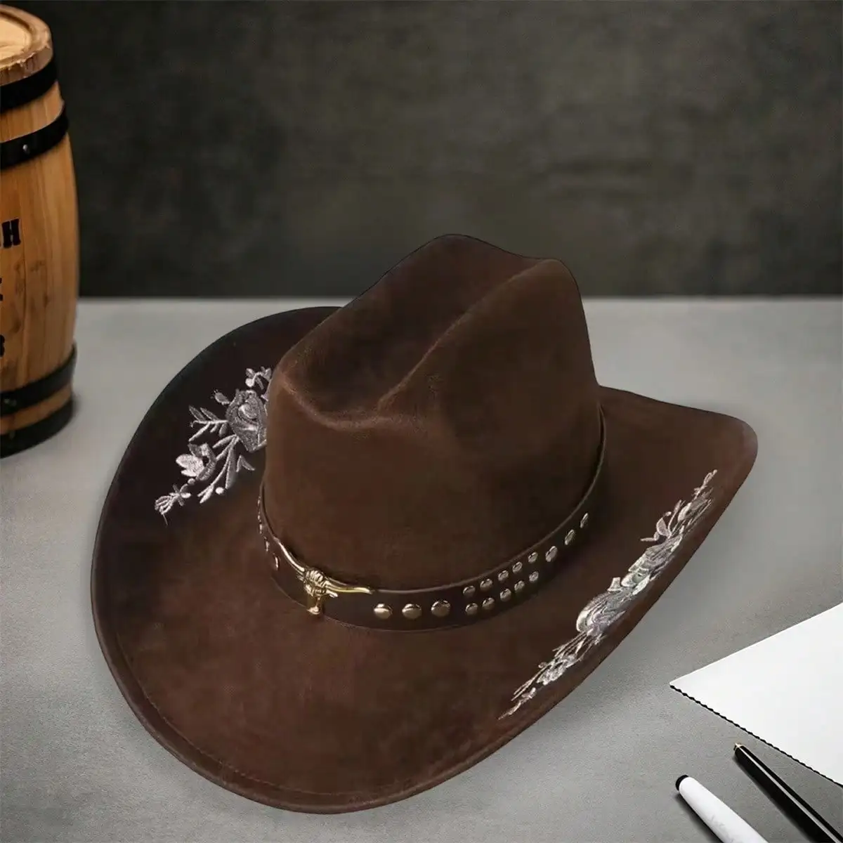 Women Men Embroidery Cowgirl Hat Wide Brim Cattle Head Belted Wool Hat Felt Jazz Cap For Party