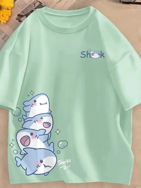 Loose ort Sve T-irt Women's Summer Dopane Korean Sle Printed Top in Milk Blue Color for Small Students