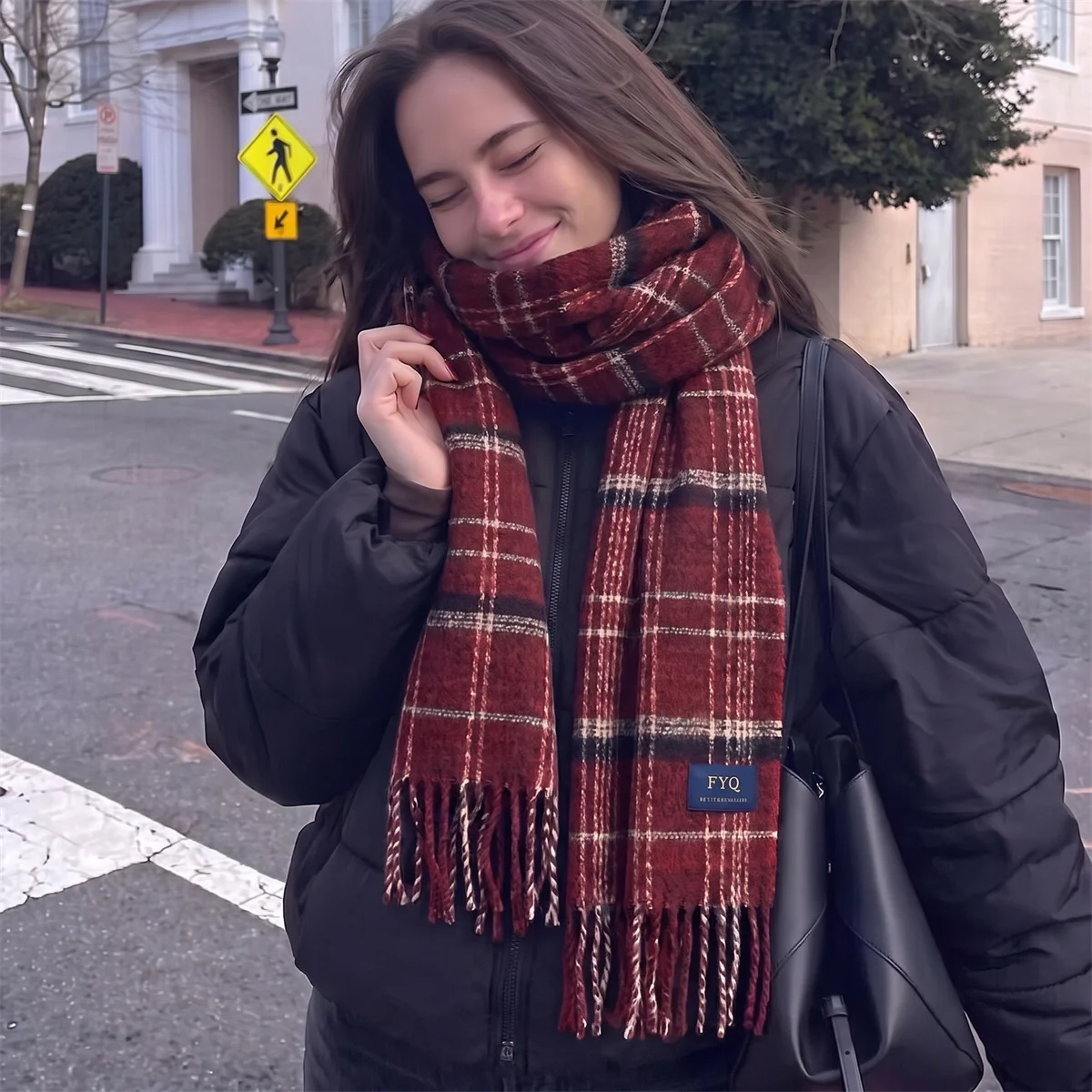 Retro Burgundy Plaid Scarf With Long Tassel Thick Soft Imitation Wool Fabric Neck Wrap For Autumn Winter Coat Daily Matching