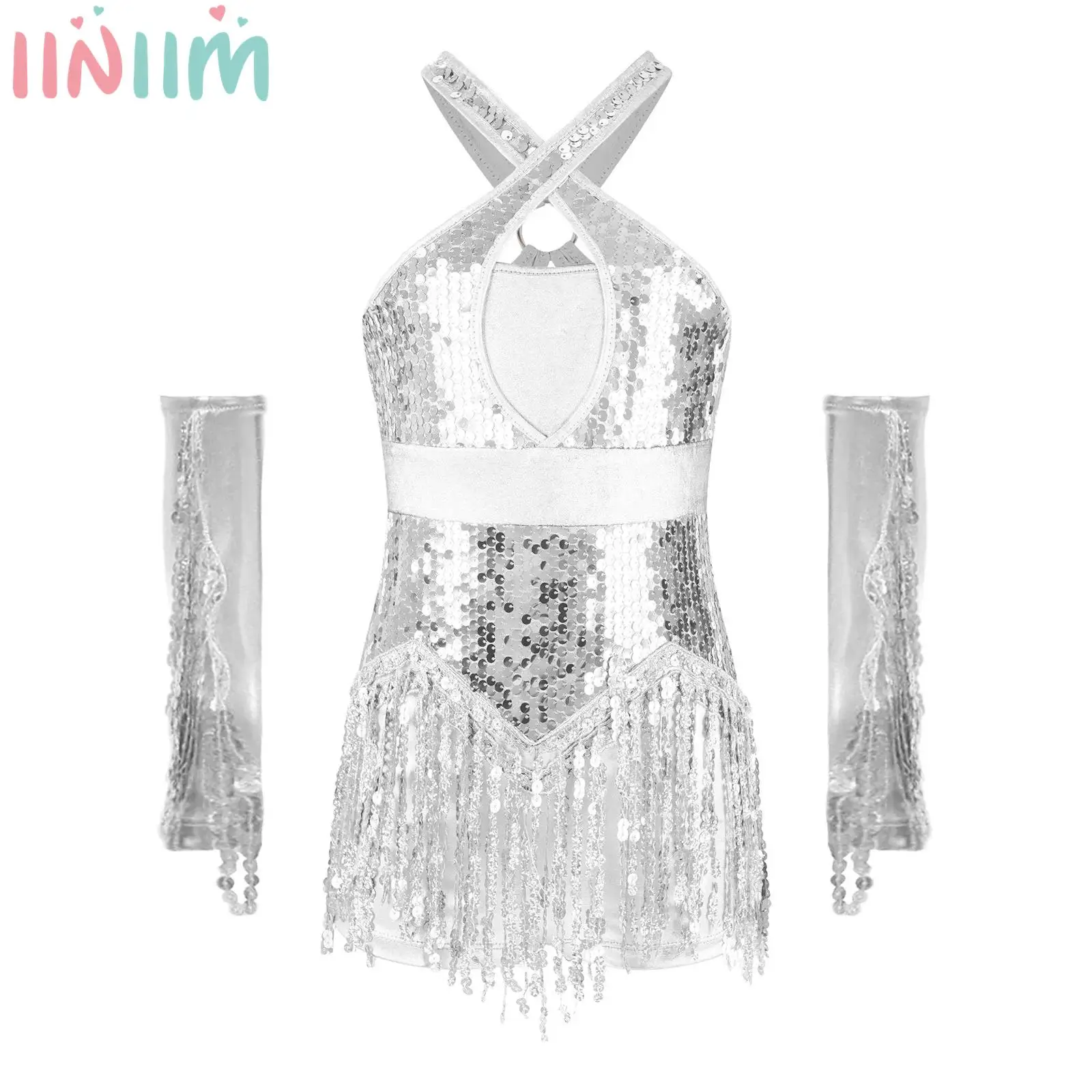 

Детский купальник для латинских джазовых танцев для девочек, сценический костюм для выступлений ча-ча, полный наряд с купальником и перчатками