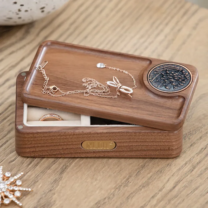 

Retro Solid Wood Jewelry Box,Earrings Necklace Ring Organizer,Walnut Travel Portable Dustproof Wooden Bins，Timeless Jewelry Case