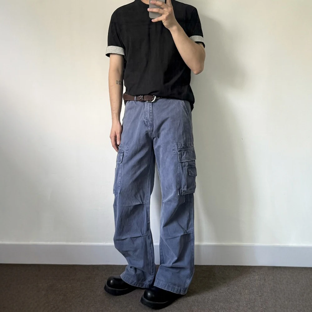 

Mens Trousers Cargo Pocket Casual Pants Autumn Streetwear Fashion Retro Blue All-Match Straight Pants Men'S Clothing 2025 New