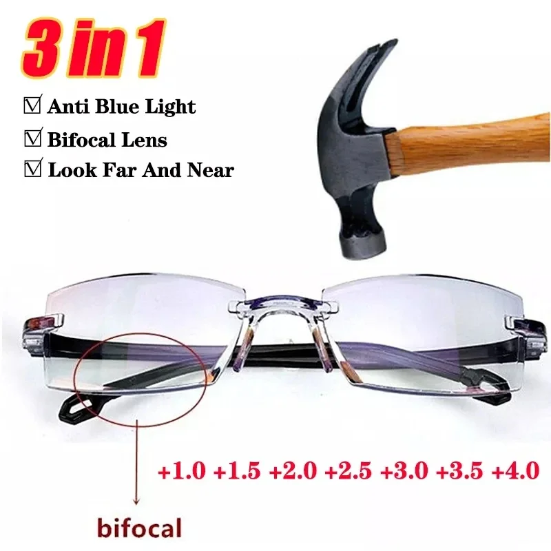 

Rimless Reading Glasses Men Women Bifocal Far Near Anti Blue Light Presbyopic EyeGlasses Magnification Eyewear Diopter +1.0-+4.0