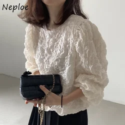 Neploe Round Neck Loose Blusas Korea Chic Autumn Simple Ladies Shirt Fold Design Bubble Cotton Long Sleeve Womens Blouses Top