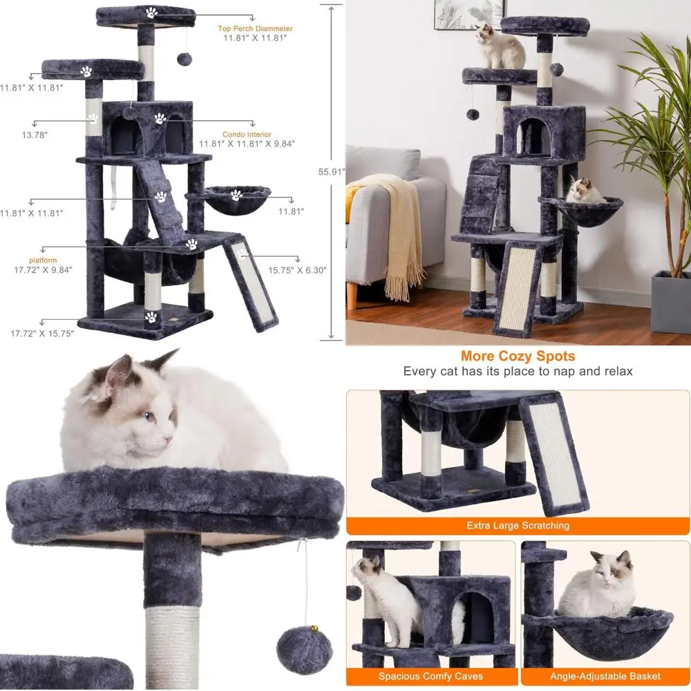 

Indoor Multi-Level Cat Tower with Padded Perch, Cozy Basket, Scratching Board, Smoky Gray
