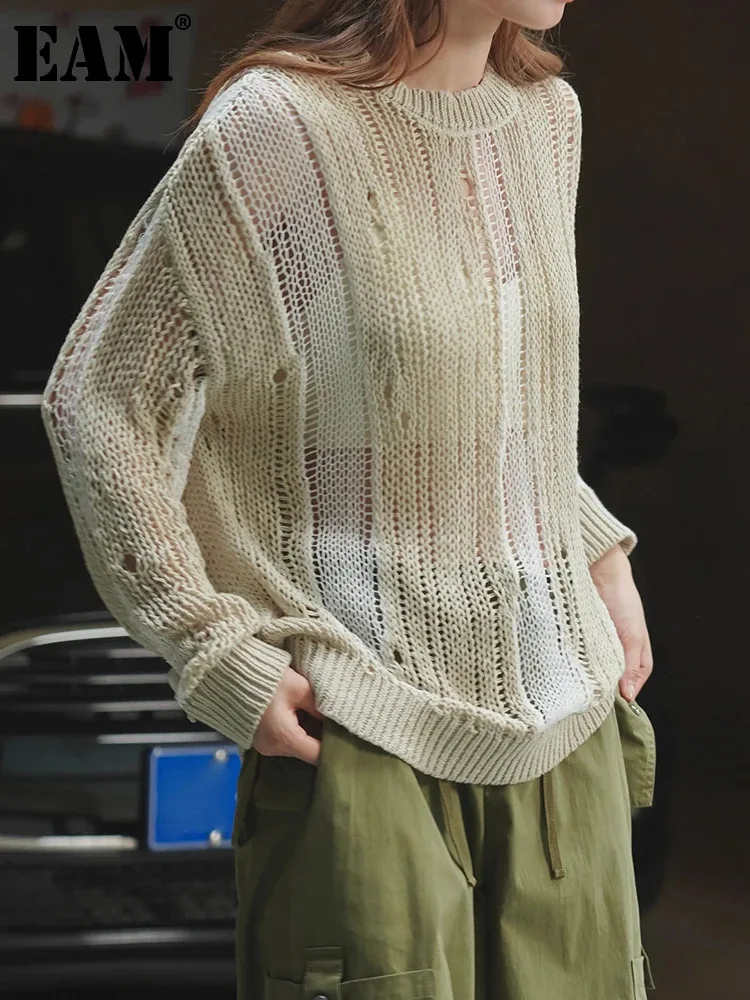 

[EAM] Khaki Hollow Out Big Size Knitting Sweater Round Neck Long Sleeve Women Pullovers New Fashion Spring Summer 2024 1DF9890