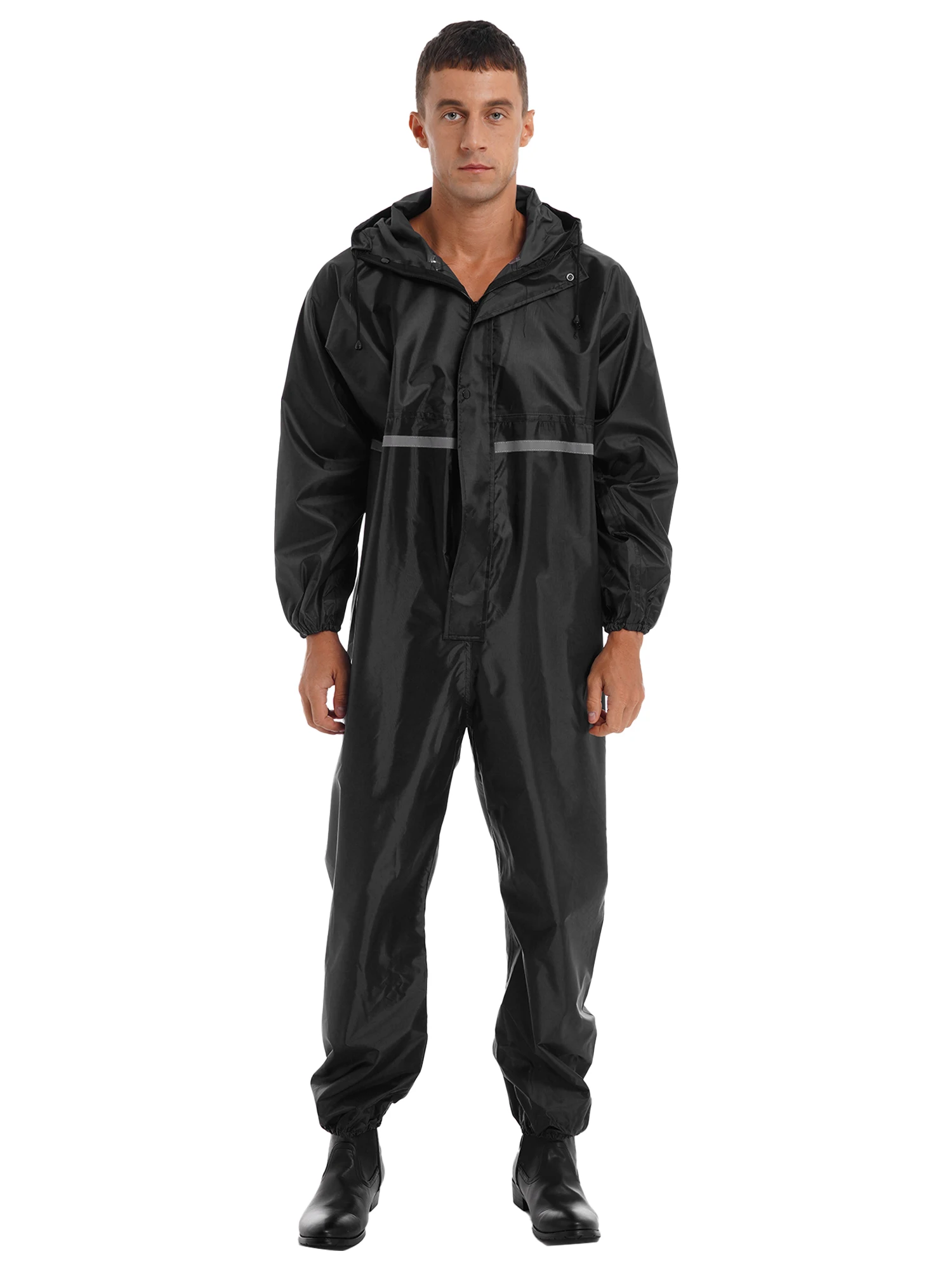 Men's Adult One Piece Hooded Raincoat Waterproof Rain Suit Reflective Jumpsuit Zipper Coveralls Work Overall Uniform Workwear