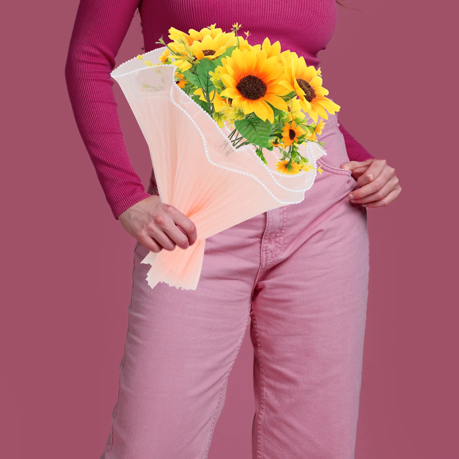 ورق تغليف الأزهار الناعم الوردي التجاعيد المتموج صافي الغزل وهمية اللؤلؤ حافة أنيقة الزفاف باقة عيد ميلاد التعبئة والتغليف ورقة شبكية #6