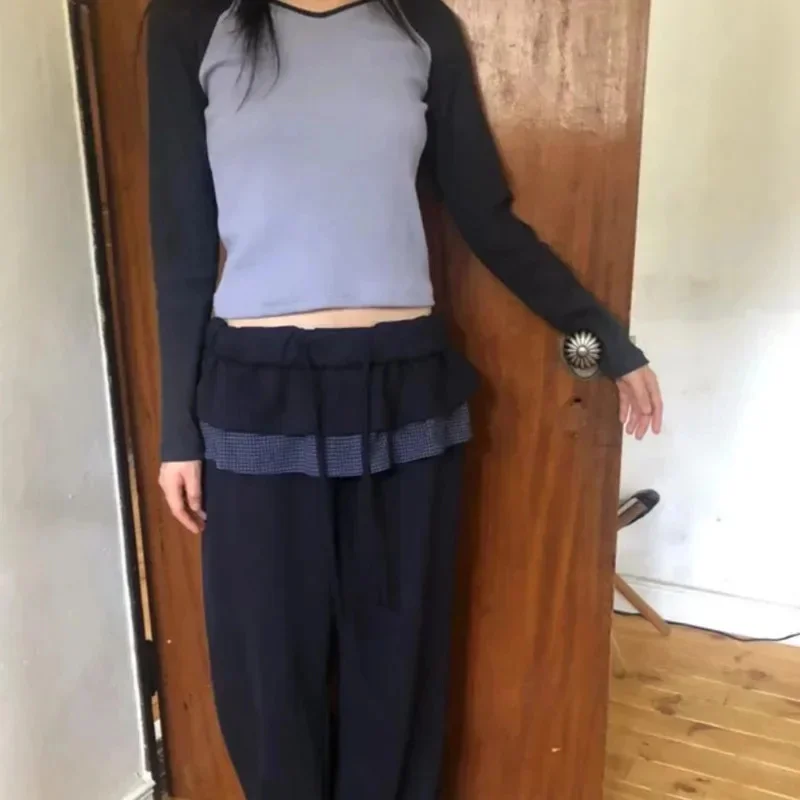 Dongdaemun Y2K Lattice Layered Pants Korean Women summer Autumn Cute Leaf Splicing Skirt Pants Elastic Waist Casual Pants New