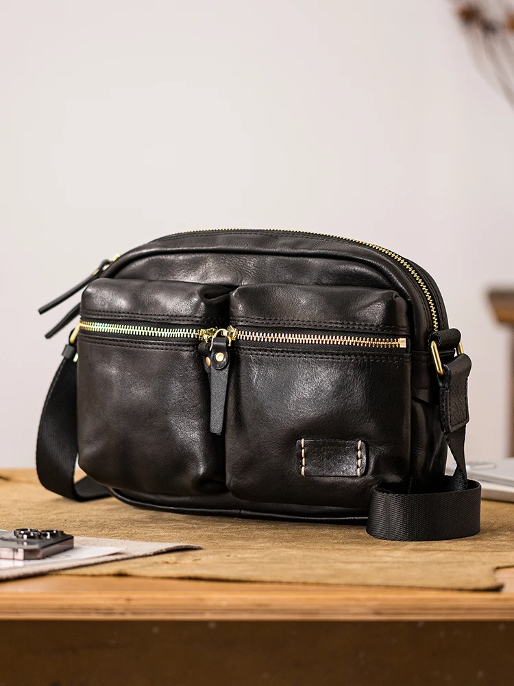 High-quality genuine leather men's black messenger bag casual fashion designer handmade first layer cowhide shoulder bag