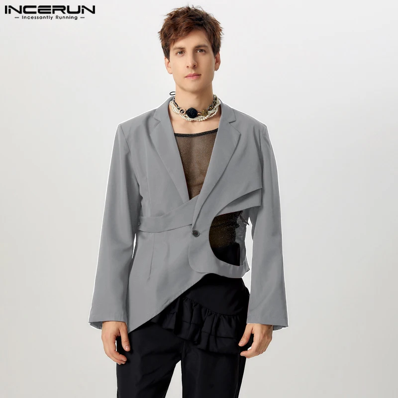 INCERUN Tops 2024 American Style Fashion Men's Deconstruct Hollow Suit Coat Casual Sexy Male Solid Irregular Long Sleeved Blazer