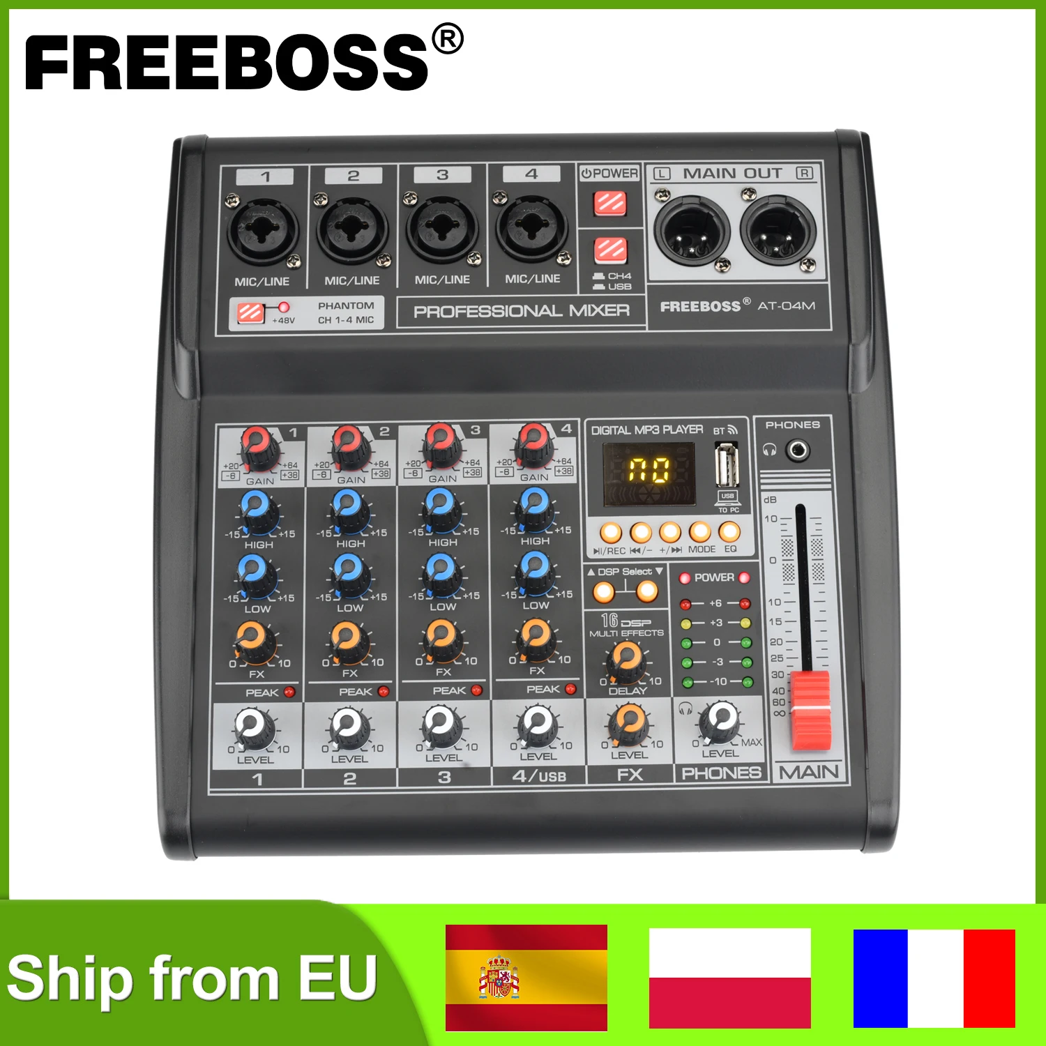 Freeboss AT-04M 4 Mono-Channel Portable Audio Mixer with Bluetooth and USB
