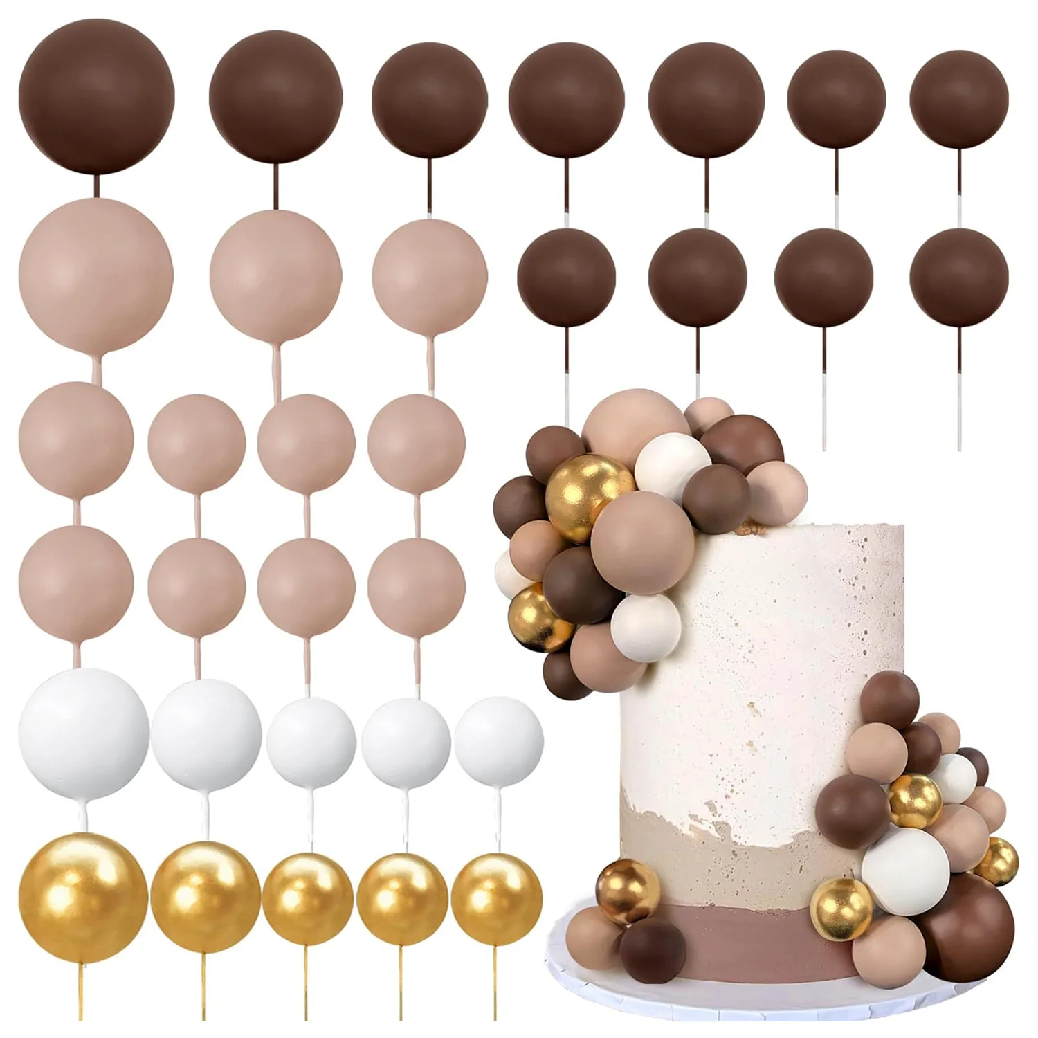 32PCS Brown Gold Ball Cake Picks Ball Shaped Cake Topper Pearl Balls Cake Insert Topper for Birthday Party Decoration Supplies