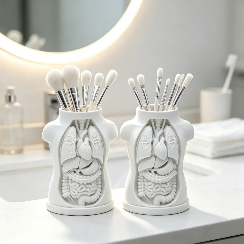 2-Piece Set of Multifunctional Human Anatomy-Shaped Storage Containers, 3D Printed Matte White Torso with Internal Organs Embossed Design, Can Be Used as a Makeup Brush Holder, Pen Holder, Toothbrush Holder, Suitable for Dressing Tables, Bathrooms, Desks, and Multiple Scenarios, Made of Petg Material, Sturdy and Durable, Washable Without Deformation, Artistic Desktop Ornament, Creative Gift for Beauticians, Medical Students, and Nurses, Space-Saving Non-Slip Base, Cost-Effective Home Storage Solution
