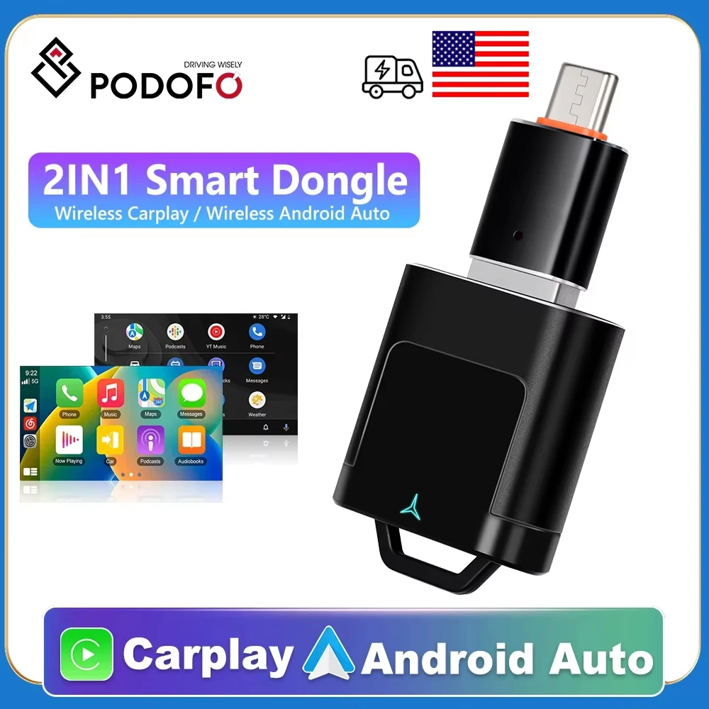 Podofo Wired To Wireless CarPlay Android Auto AI Smart Box Type-C Plug and Play Auto Connect for Car Intelligent Systems Stereo